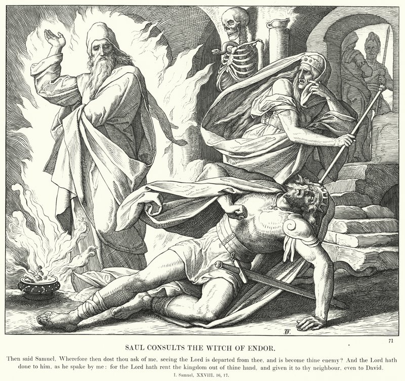 Saul konsulterer heksen fra Endor (gravering) av Julius (after) Schnorr von Carolsfeld