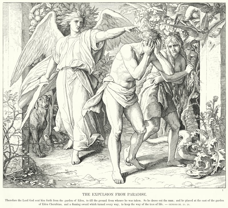 Utvisningen fra paradis (gravering) av Julius (after) Schnorr von Carolsfeld