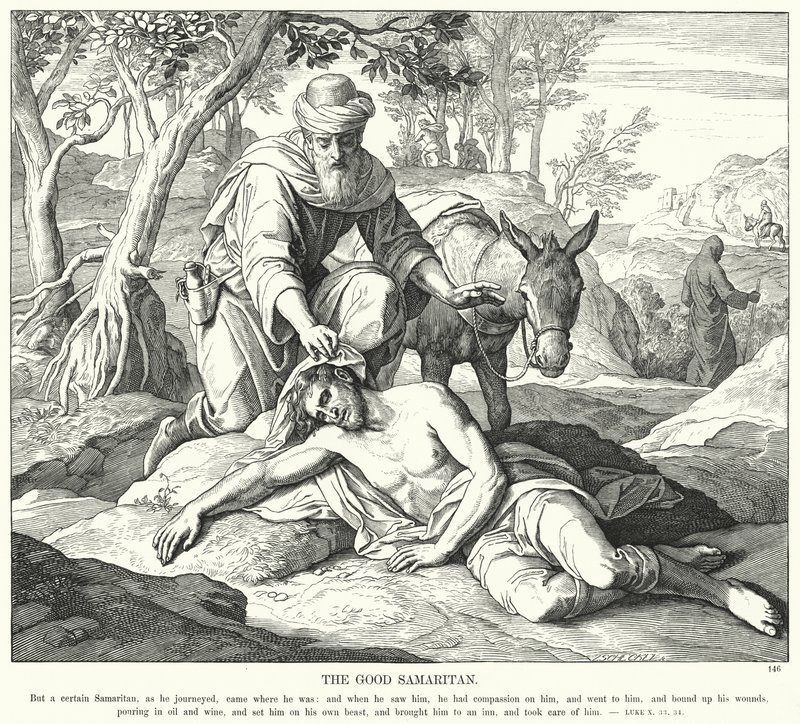 Den barmhjertige samaritan (gravering) av Julius (after) Schnorr von Carolsfeld
