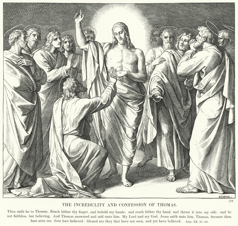 Tomas vantro og bekjennelse (gravering) av Julius (after) Schnorr von Carolsfeld