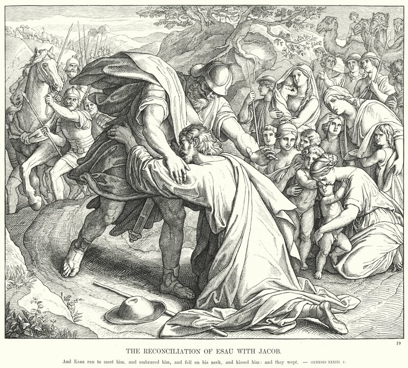 Esaus forsoning med Jakob (gravering) av Julius (after) Schnorr von Carolsfeld