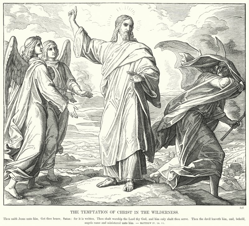 Kristi fristelse i villmarken (gravering) av Julius (after) Schnorr von Carolsfeld