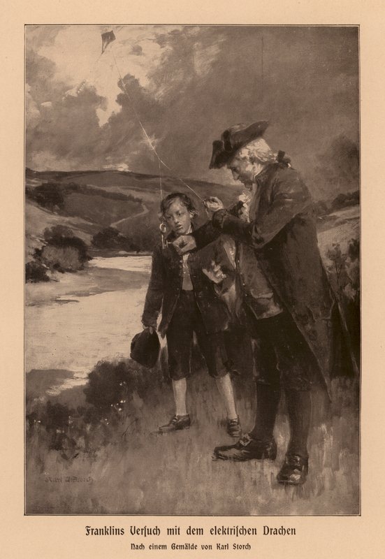 Benjamin Franklin undersøker lynnedslag (lito) av Karl Storch