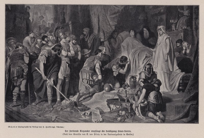 Den døende Alexander den store mottar hyllingen av sin hær, Babylon, 323 f.Kr. (litho) av Karl Theodor von Piloty