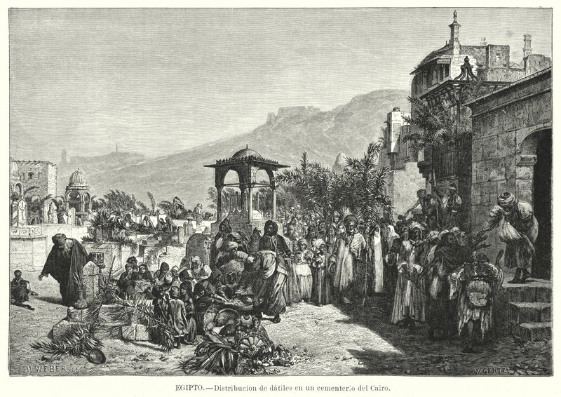 Distribusjon av datoer på en kirkegård, Kairo, Egypt (litho) av Karl Wilhelm Gentz