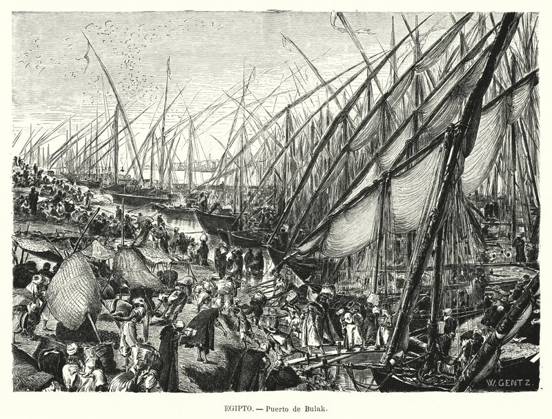 Kaier ved Nilen ved Bulaq, Kairo, Egypt (litho) av Karl Wilhelm Gentz