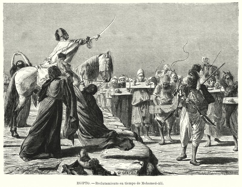 Rekruttering av soldater til den osmanske hæren under Muhammad Alis tid, Khedive i Egypt (litho) av Karl Wilhelm Gentz