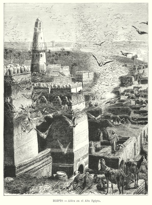 Landsby i Øvre Egypt (litho) av Karl Wilhelm Gentz