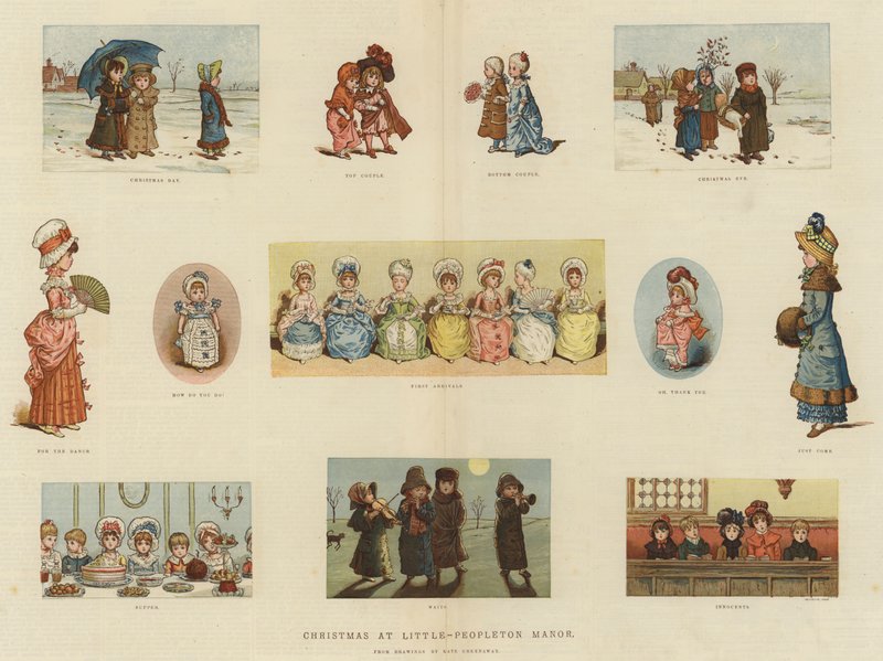 Jul på Little-Peopleton Manor (chromolitho) av Kate Greenaway