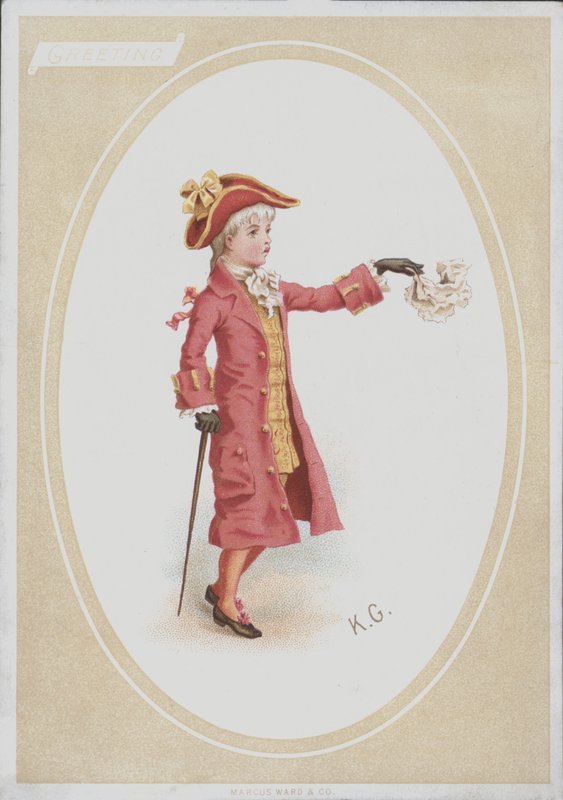 Gutt i rød dress, viftende lommetørkle (farge litho) av Kate (after) Greenaway
