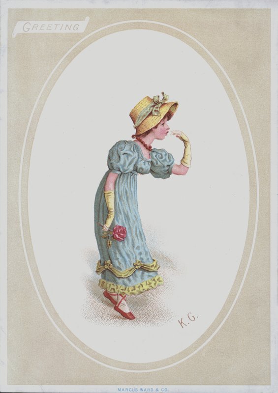 Jente i blå kjole, med stråpanser, holder rose (farge litho) av Kate (after) Greenaway