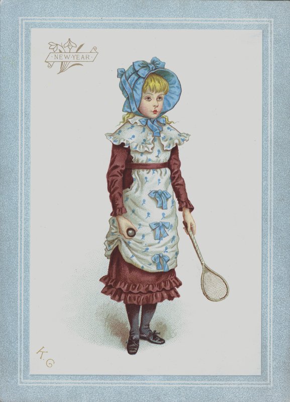 Jente i kjole og panser, holder skyttel og racket (farge litho) av Kate (after) Greenaway