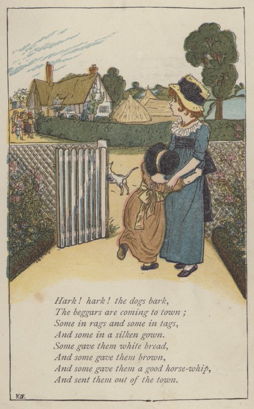 Hark! hark! hundene bjeffer (farge litho) av Kate (after) Greenaway