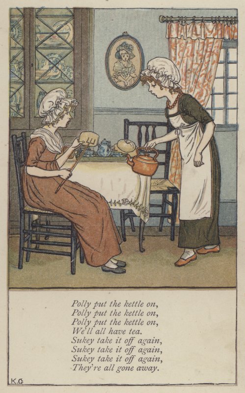 Polly satte vannkokeren på (farge litho) av Kate (after) Greenaway