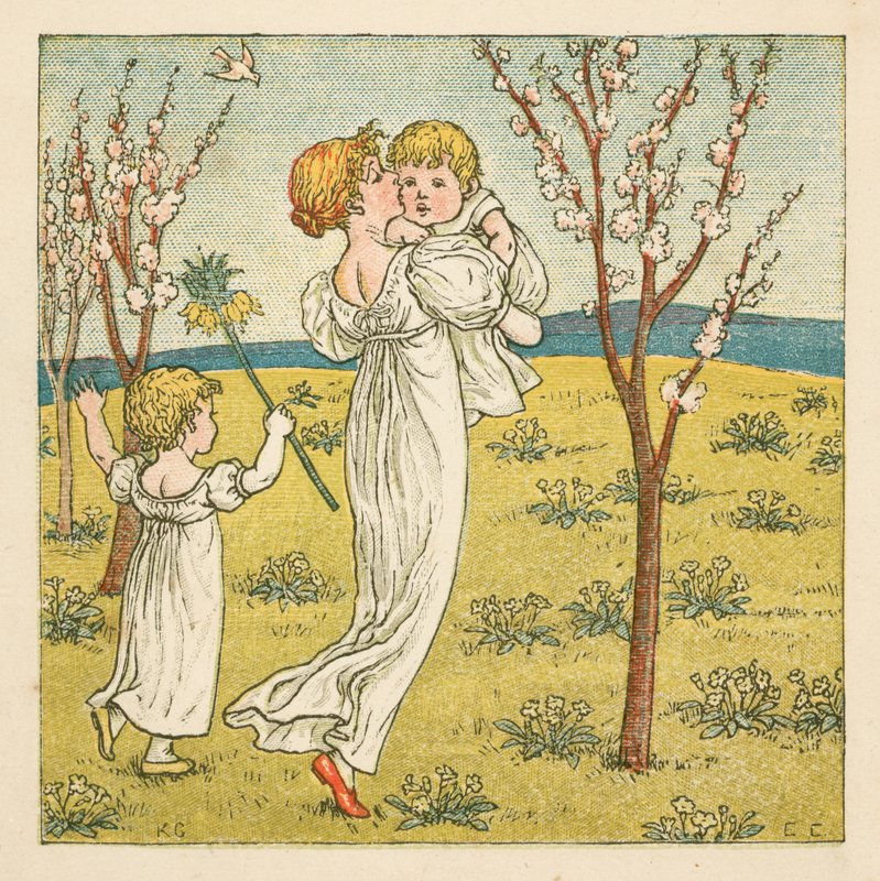 Vandre blant blomstene (farge litho) av Kate (after) Greenaway