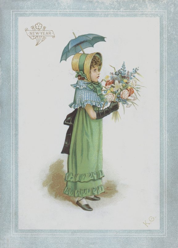 Jente i grønn kjole, holder parasoll og en bukett blomster av Kate Greenaway