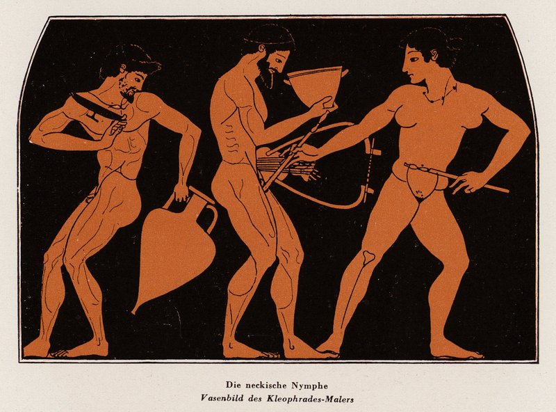 Ertende nymfe (farge litho) av Kleophrades Painter (fl.500 475 BC)