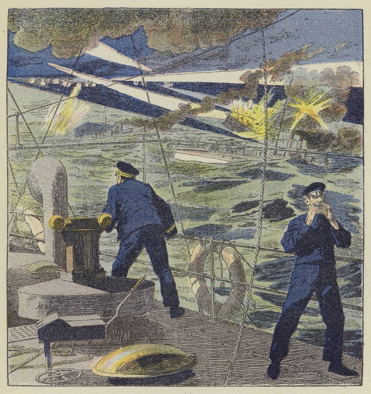 Angrep av de japanske torpedobåtene mot kaderen til admiral Skridlof av L. Malespine