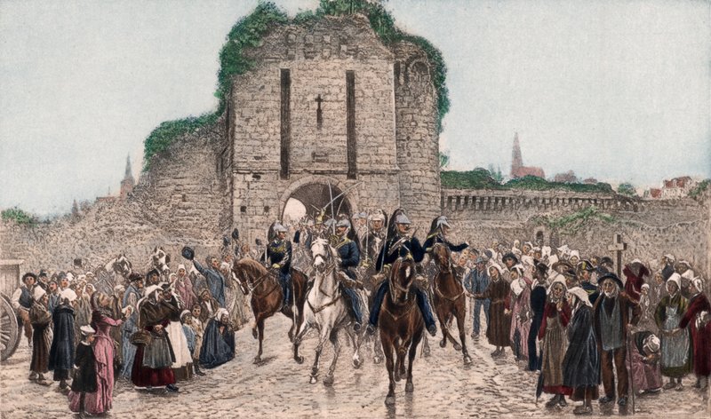 Kavaleri som forlater en bretonsk by (fargefotogravyr) av Lady  Butler