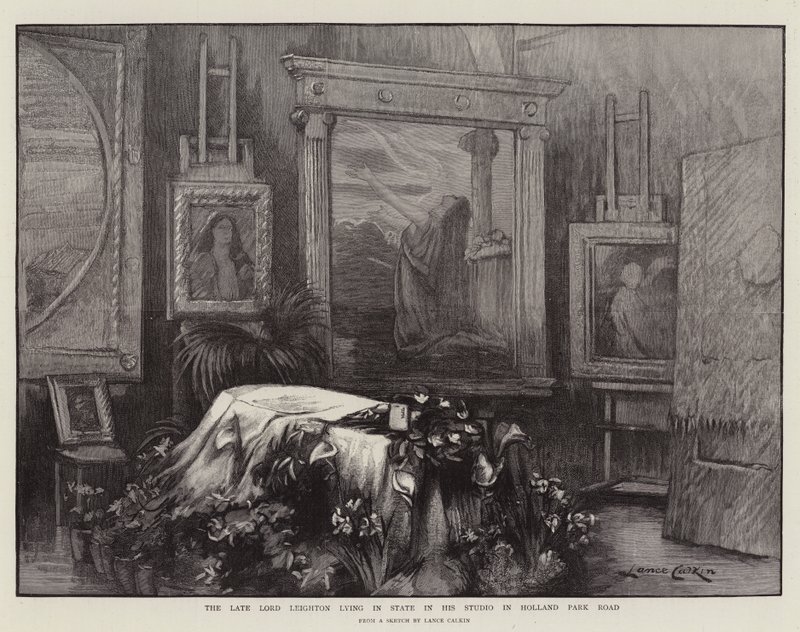 The Late Lord Leighton ligger i staten i sitt studio i Holland Park Road av Lance Calkin