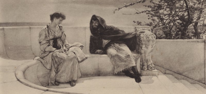 Den gamle historien (fotogravyr) av Lawrence (after) Alma Tadema