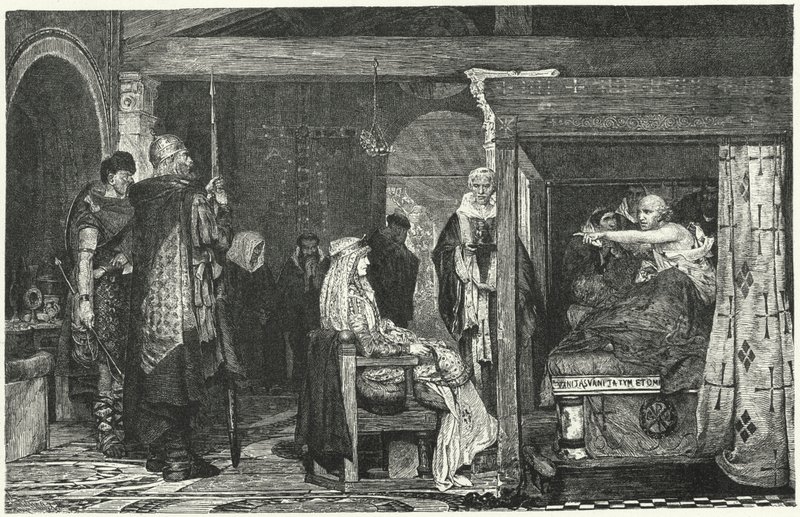 Dronning Fredegund ved dødsleiet til biskop Praetextatus, 586 av Lawrence Alma Tadema