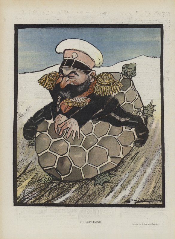 Aleksey Kuropatkin, russisk krigsminister. Illustrasjon for Le Rire (farge litho) av Leal de Camara