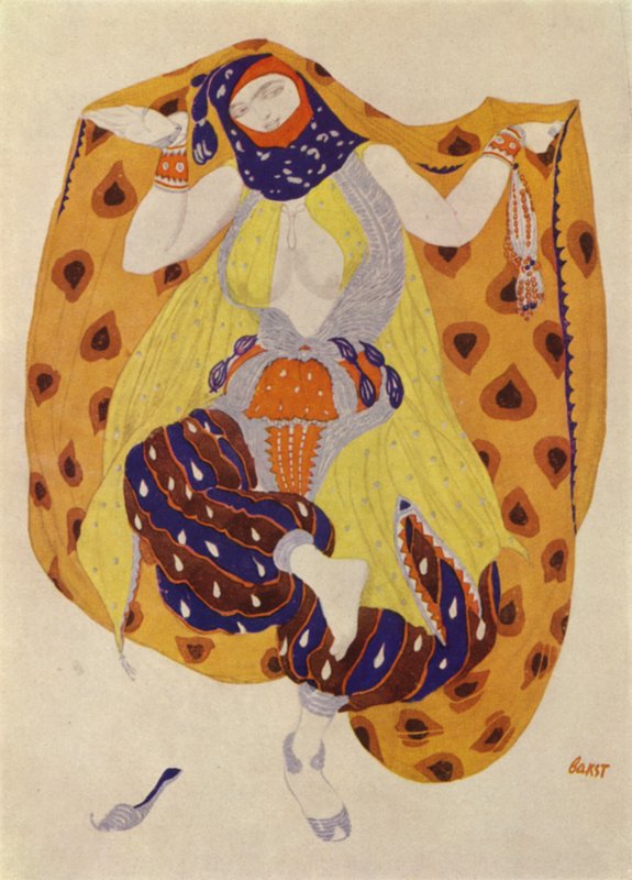 Odalisque, kostymedesign av Leon Bakst for en Ballets Russes-produksjon av Scheherazade (farge litho) av Leon (after) Bakst