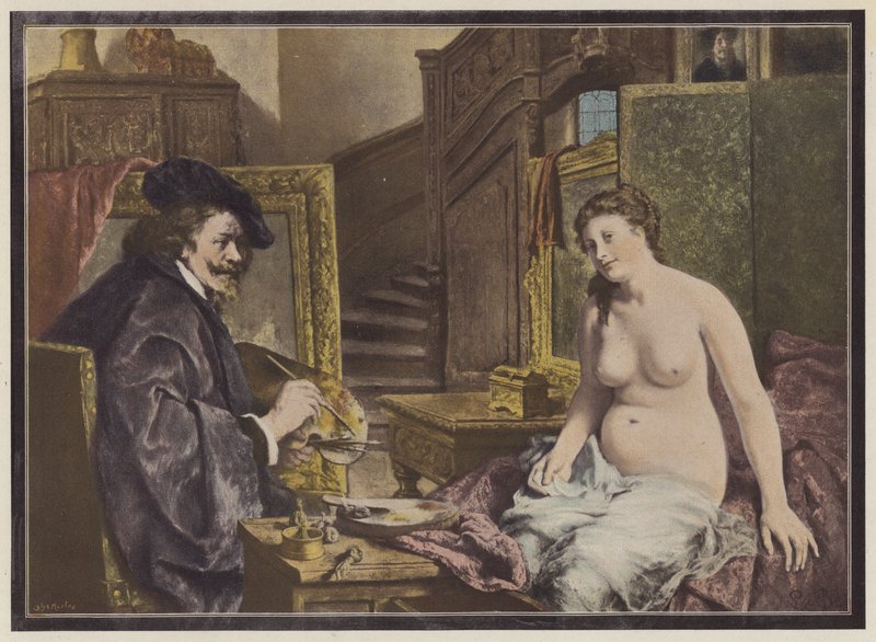 Rembrandt, nederlandsk kunstner på jobb i studioet hans (farge litho) av Leon Brunin