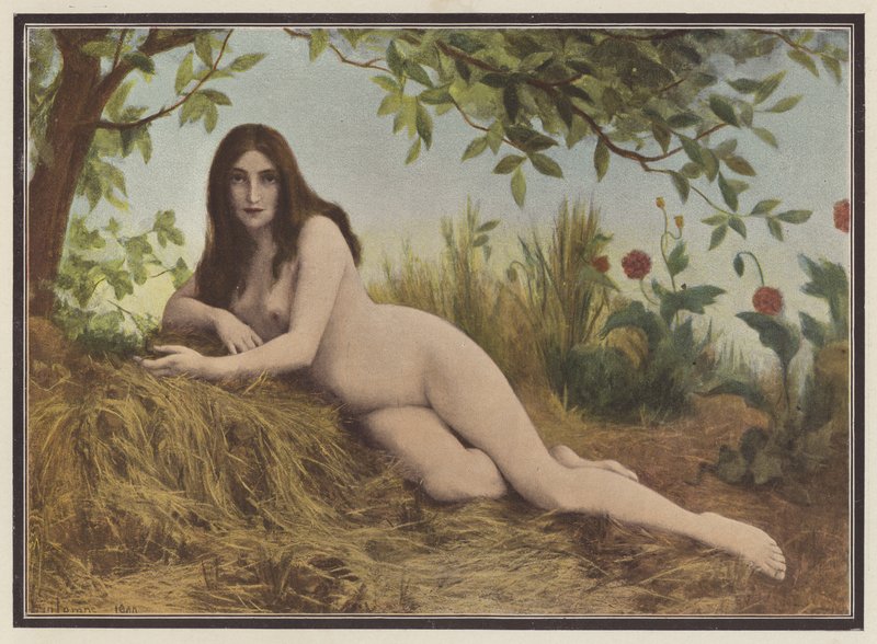 Sommer, kvinne som ligger i høyet (farge litho) av Leon Printemps