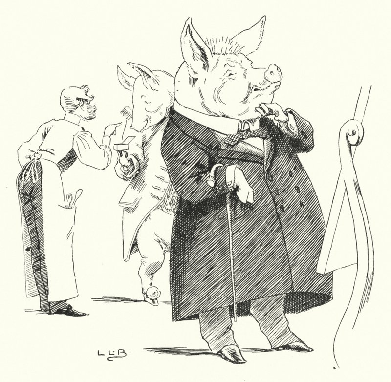 Barber, barberer, barber en gris; hvor mange hår vil lage en parykk? (gravering) av Leonard Leslie Brooke