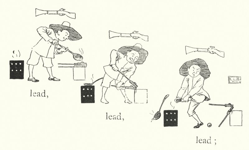 Det var en liten mann, og han hadde en liten pistol, og kulene hans var laget av bly, bly, bly (gravering) av Leonard Leslie Brooke