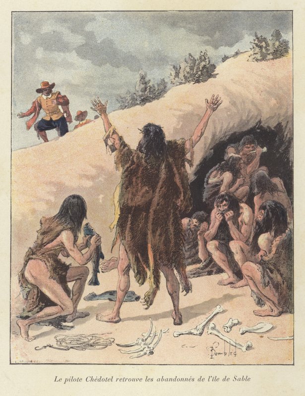 Piloten Chedotel finner de overlevende medlemmene av den franske kolonien på Ile de Sable, Canada, c1600 av Louis Charles Bombled