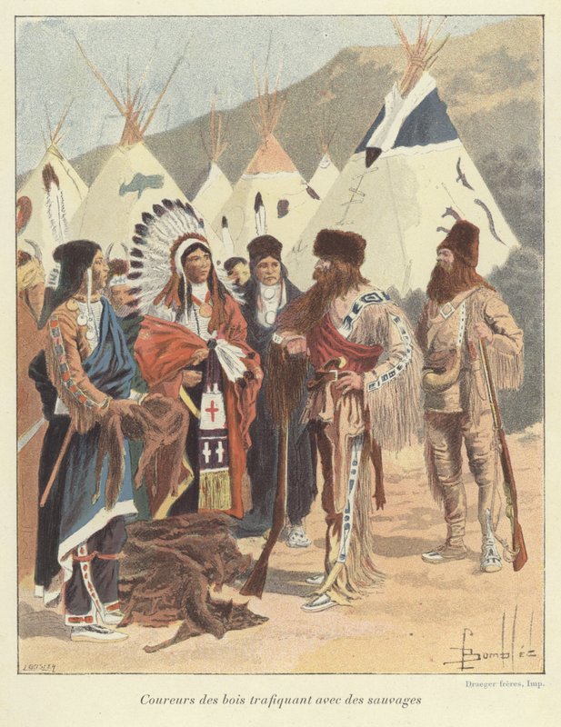 Fangstmenn som handler med indianere, New France av Louis Charles Bombled