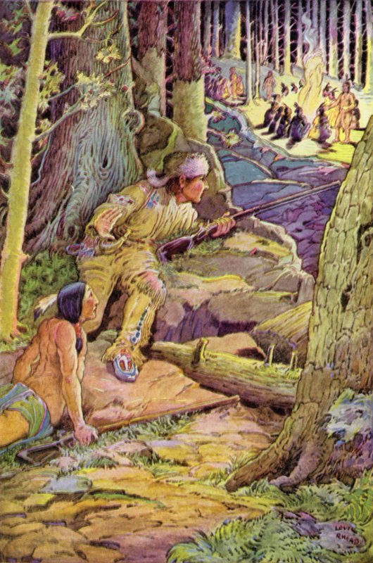De unge mennene avanserte mot ryggen, Deerslayer foran av Louis John Rhead