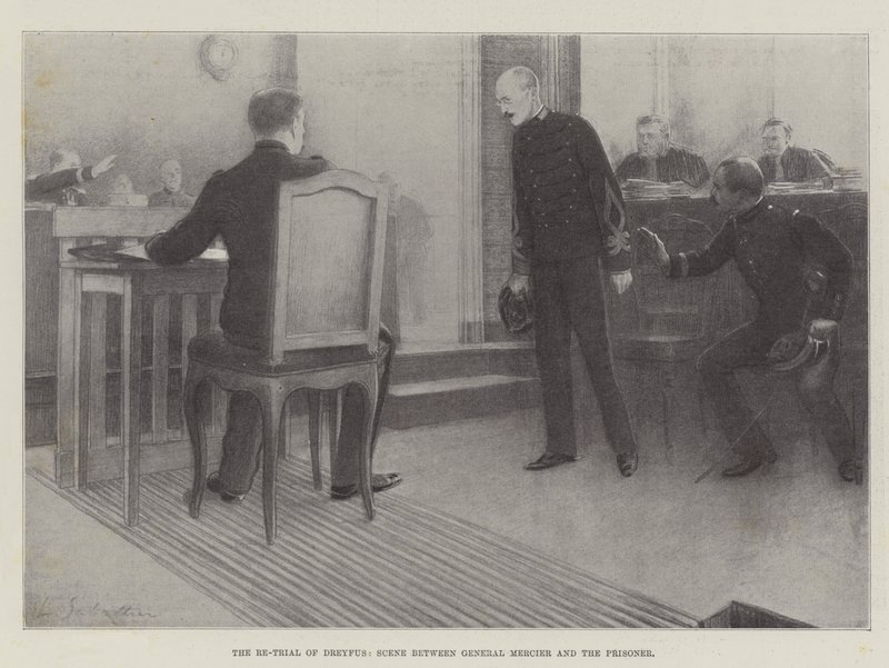 Re-rettssaken mot Dreyfus, scene mellom general Mercier og fangen av Louis Remy Sabattier