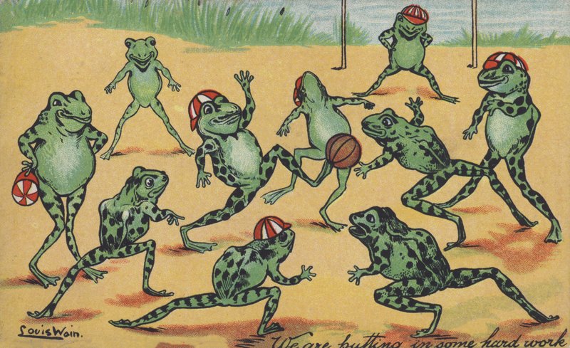 Frosker som spiller fotball av Louis Wain