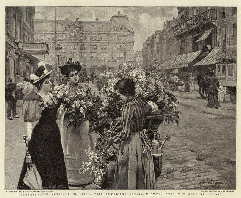 Transatlantiske ankomster til Paris, rettferdige amerikanere som kjøper blomster nær Gare St Lazare av Louis de Schryver