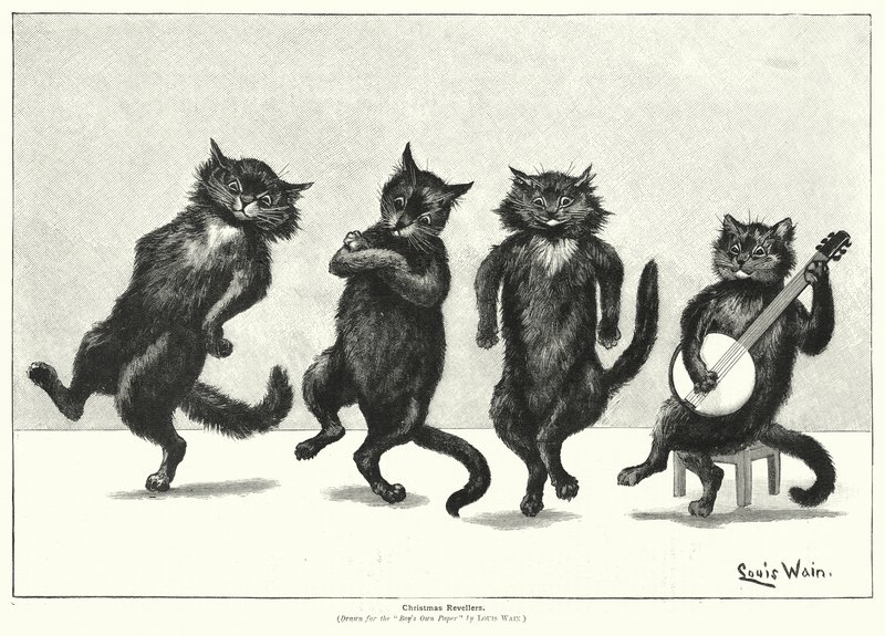 Katter som danser (litho) av Louis (after) Wain