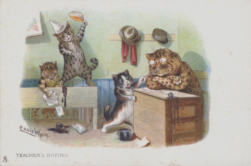 Katter i et klasserom: læreren døser og derfor oppfører elevene seg dårlig (chromolitho) av Louis (after) Wain