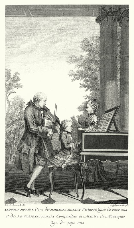 Leopold Mozart spiller musikk med datteren Marianne og sønnen Wolfgang (gravering) av Louis Carrogis (after) Carmontelle