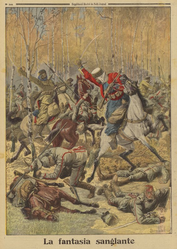 Algeriske goumiers fra den franske hæren beseiret en større gruppe tysk kavaleri, første verdenskrig av Louis Charles (after) Bombled