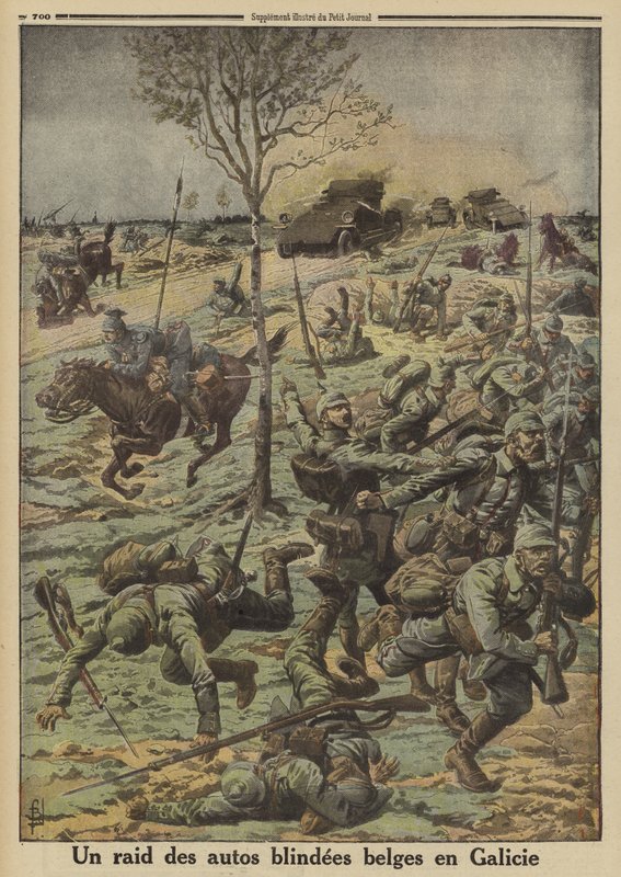 Belgiske panserbiler i tjeneste for general Brusilovs russiske hær angriper tyske tropper i Galicia, første verdenskrig av Louis Charles (after) Bombled