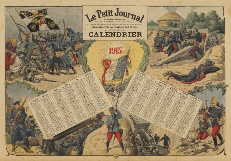 Kalender for 1915, med scener på slagmarken fra første verdenskrig (litho i farger) av Louis Charles (after) Bombled