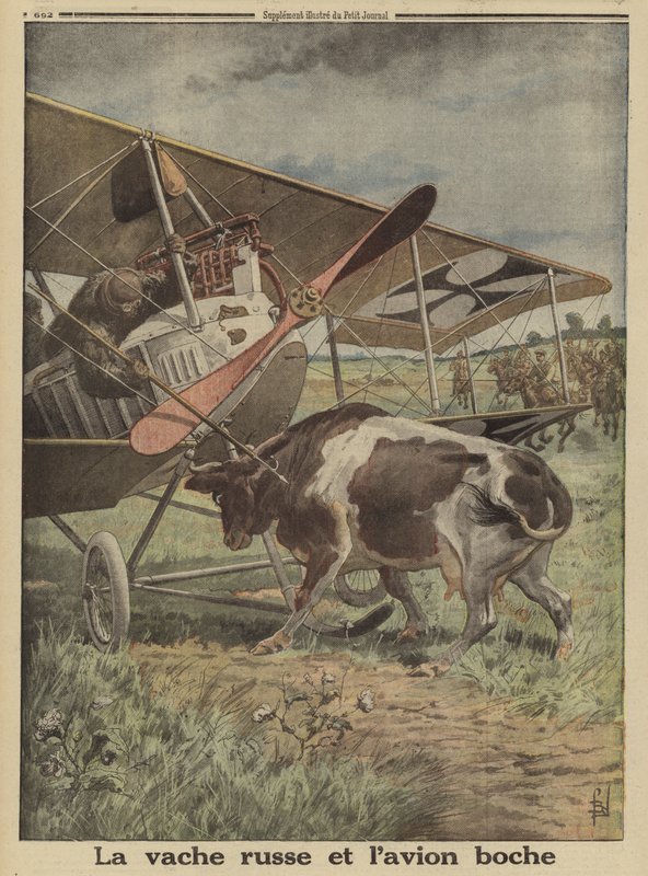 Ku som hindrer et tysk fly fra å ta av, Lutsk, Russland, første verdenskrig av Louis Charles (after) Bombled