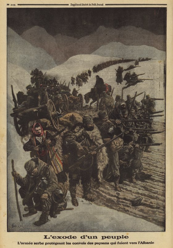 Utvandring av et folk: den serbiske hæren beskytter en kolonne av bønder som flykter til Albania, første verdenskrig av Louis Charles (after) Bombled