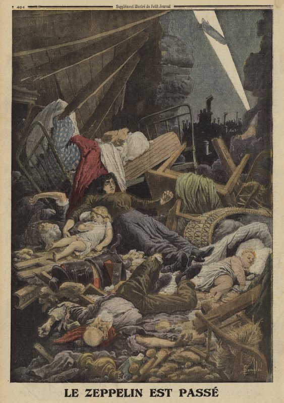 Familie drept i et bombeangrep av en tysk zeppelin, første verdenskrig, 1916 (farge litho) av Louis Charles (after) Bombled