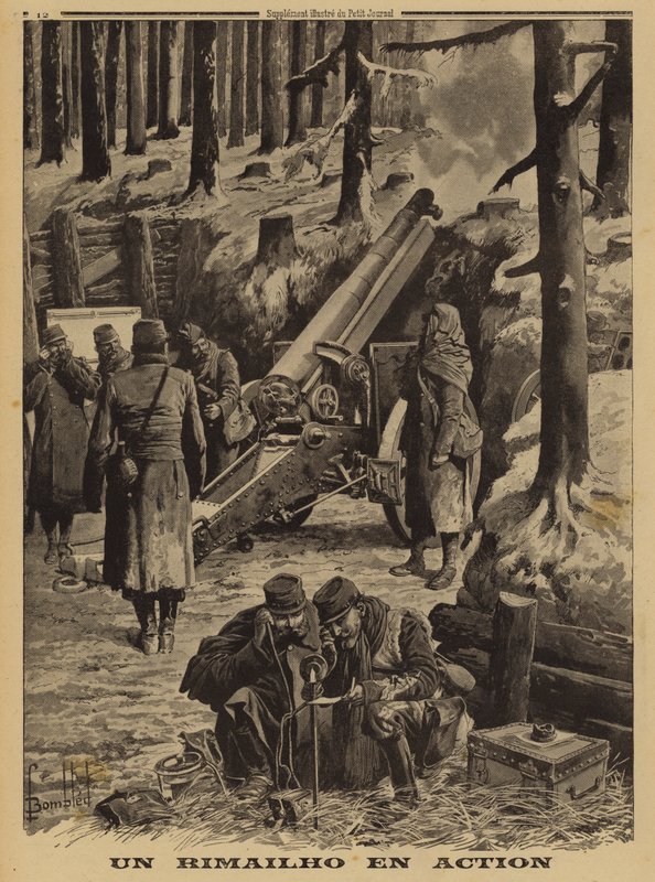 Den franske hærens Rimailho hurtigskytende medium haubits i aksjon, første verdenskrig av Louis Charles (after) Bombled