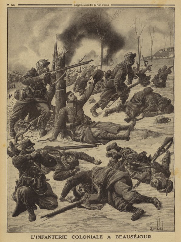 Fransk kolonial infanteri som kjemper ved Beausejour, første verdenskrig av Louis Charles (after) Bombled