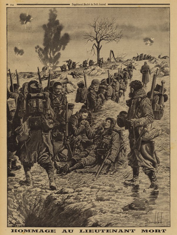 Franske soldater viser respekt for en løytnant drept i aksjon, første verdenskrig av Louis Charles (after) Bombled